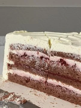 Vertical cake slice dessert chocolate cream berry layers background copyspace Stock Photos