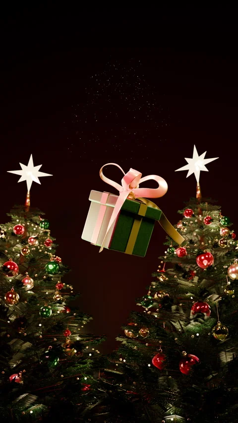 Vertical Camera Arrival at Floating Holiday Gift, Vertical 9:16 4K Stockbeeldmateriaal 347572439