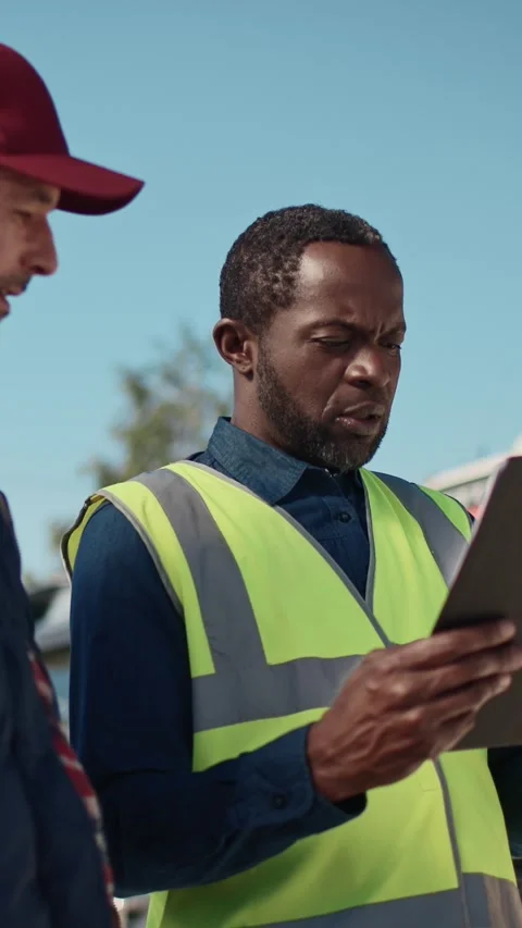 Vertical camera view of serious male in reflective vest holding clipboard Stock Footage 306580875