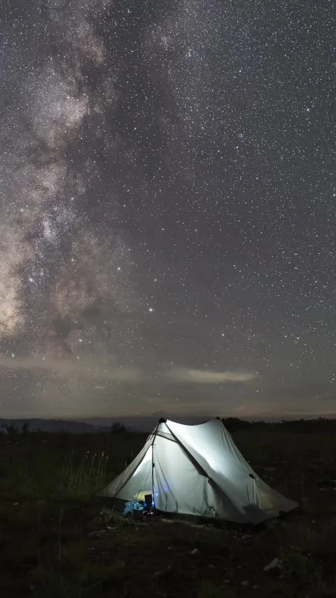 Vertical Camping Tent Starry Night Sky Milky Way Motion Timelapse Stock Footage 327671049