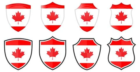 Vertical Canada maple leaf flag in shield shape, four 3d and simple versions. Stock Illustration