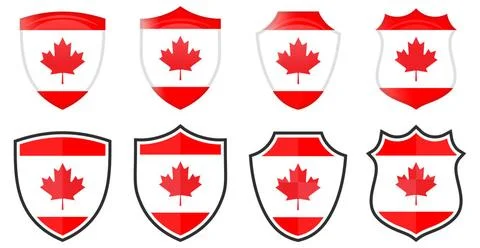 Vertical Canada maple leaf flag in shield shape, four 3d and simple versio... 스톡 사진