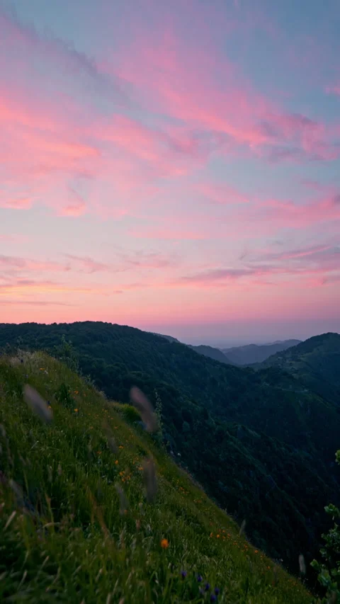 Vertical Capture of Pink Sunset Over Lush Mountains in Serene Wilderness Vídeos de archivo 332684002