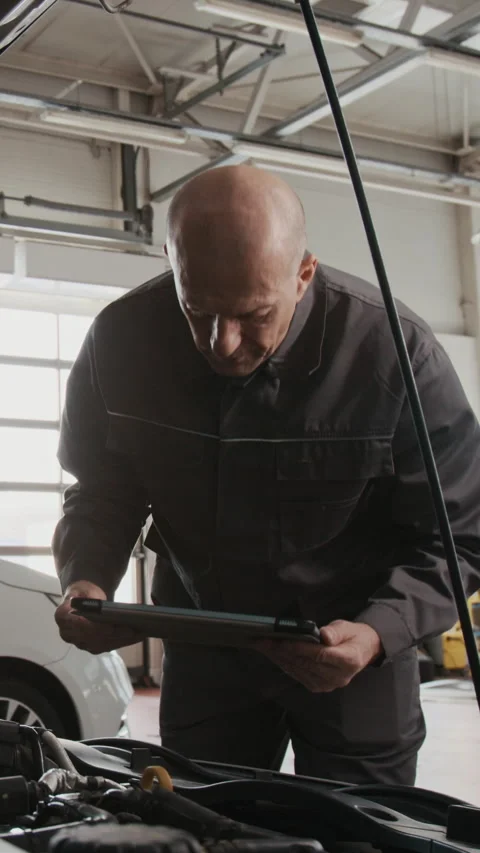 Vertical of Car Service Technician with Tablet Running Engine Performance Tests Stock Footage 329440687
