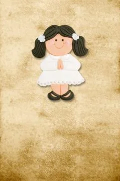 Vertical card first communion, funny brunette girl Stock Illustration