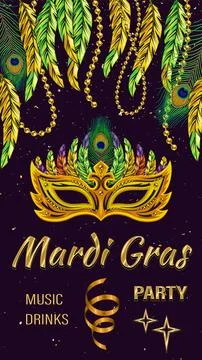 Vertical carnaval poster with mask, feathers, text. Social media story size Illustrazione stock