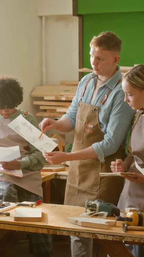 Vertical of Carpenter Explaining How to Read Woodworking Plan to Teenagers Stock Footage 334415496
