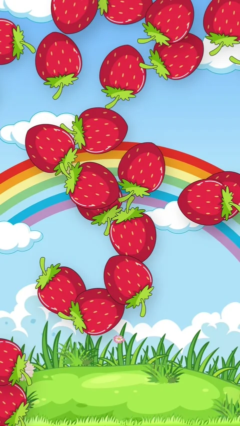 Vertical Cartoon Animation of Strawberries Falling Over Rainbow and Meadow Stock Footage 339754777