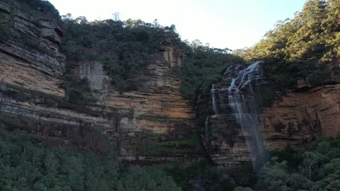 Vertical cascade of Wentworth Falls in Blue Mountains of Australia – aerial 4k Stock Footage 156738499