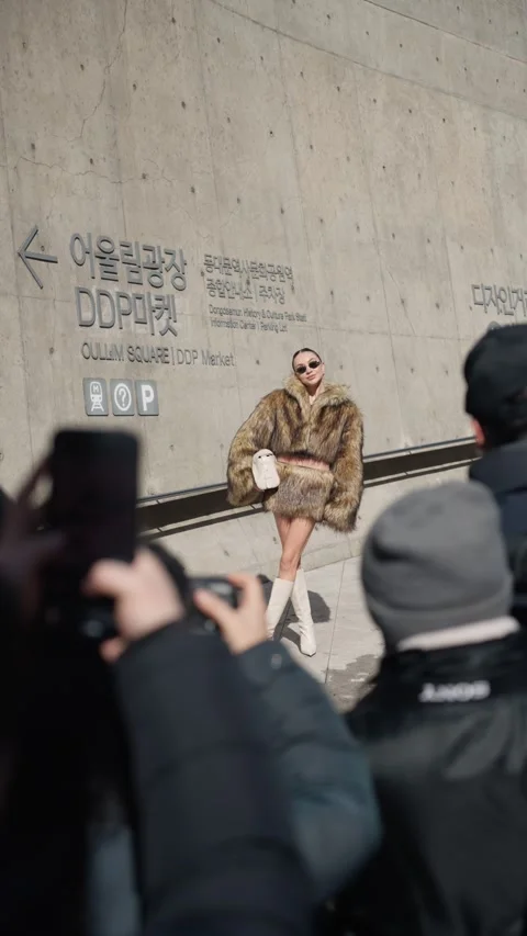 Vertical - Caucasian Woman Model Posing for Photographers at DDP Dongdaemun Stock-Footage 303136255