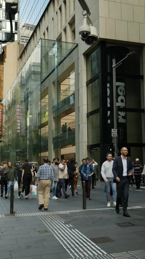 Vertical CCTV camera above Sydney shoppers 6K Video stock 308134819