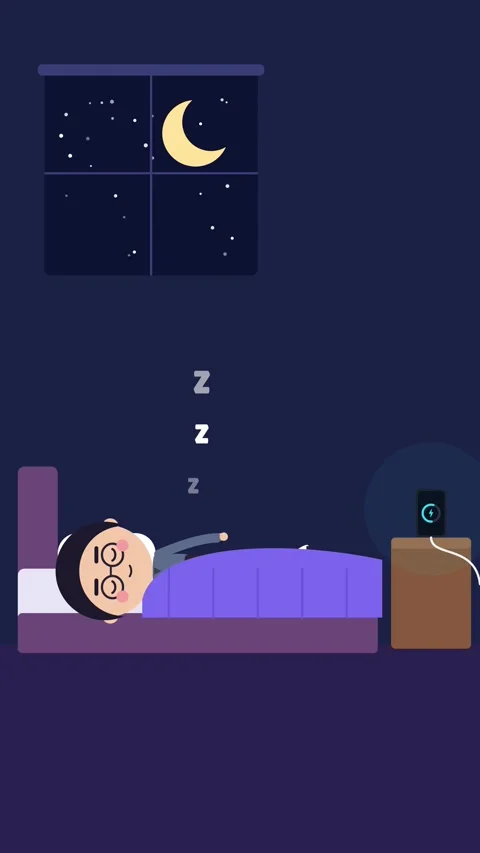 Vertical character sleeping in bed while a phone charges on the nightstand at Vídeo Stock 348617979