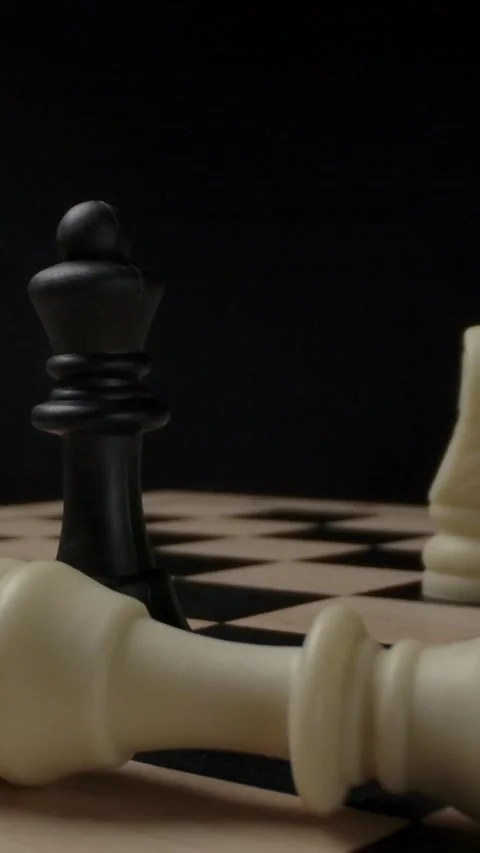 Vertical of Chess. The white king has fallen by hand. Blacks wins. Stock Footage 276922058