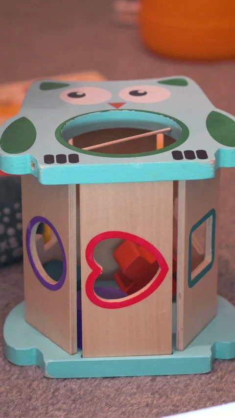 Vertical Child Playing With Wooden Shape Sorter Toy Stock Footage 329325037