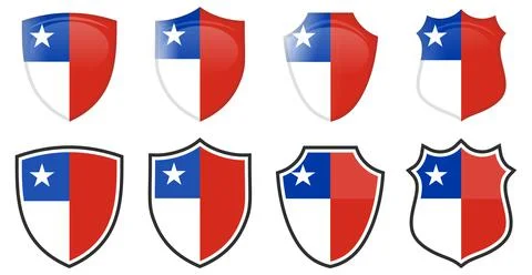 Vertical Chile flag in shield shape, four 3d and simple versions. Chilean ico Ilustración de archivo
