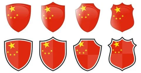 Vertical China flag in shield shape, four 3d and simple versions. Chinese ico Ilustración de archivo