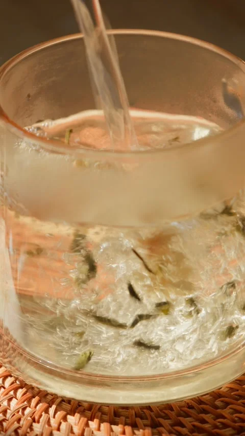 Vertical Chinese jasmine tea leaves brewed with boiling hot water. Stock Footage 342471648