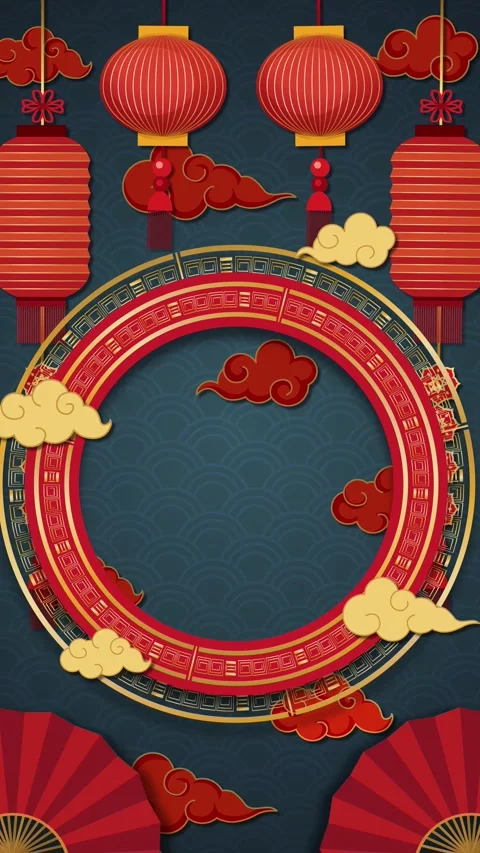 Vertical Chinese New Year Background with Red Lanterns and Golden Frame Stock Footage 329816363