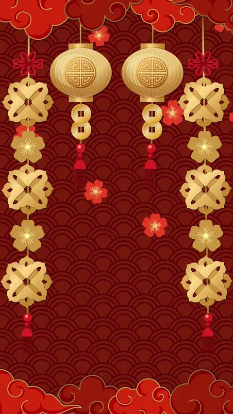 Vertical Chinese New Year Background with Golden Lanterns and Red Clouds Stock Footage 330036365