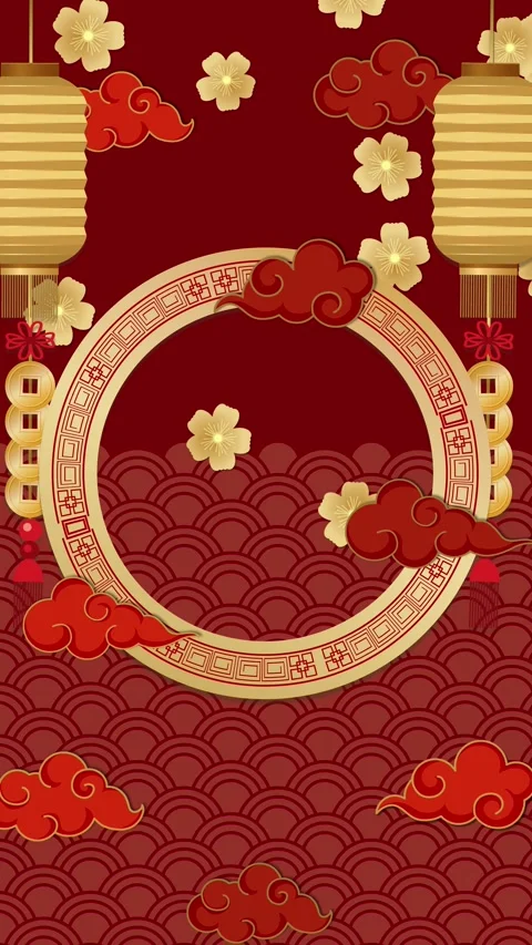 Vertical Chinese New Year Background with Golden Frame and Red Clouds Video stock 330036370