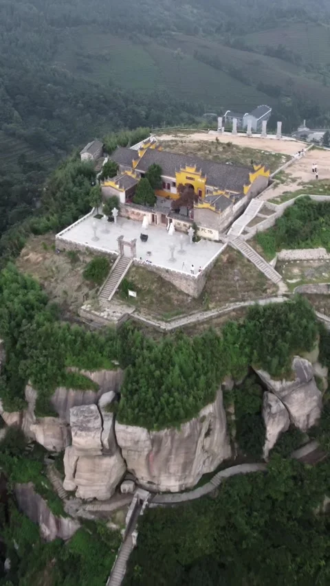 Vertical Chinese Temple Mountain Peak Aerial Drone Architecture Stock Footage 327678501