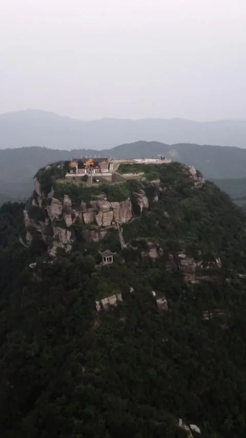Vertical Chinese Temple Mountain Peak Aerial Drone Architecture Stock Footage 327678509