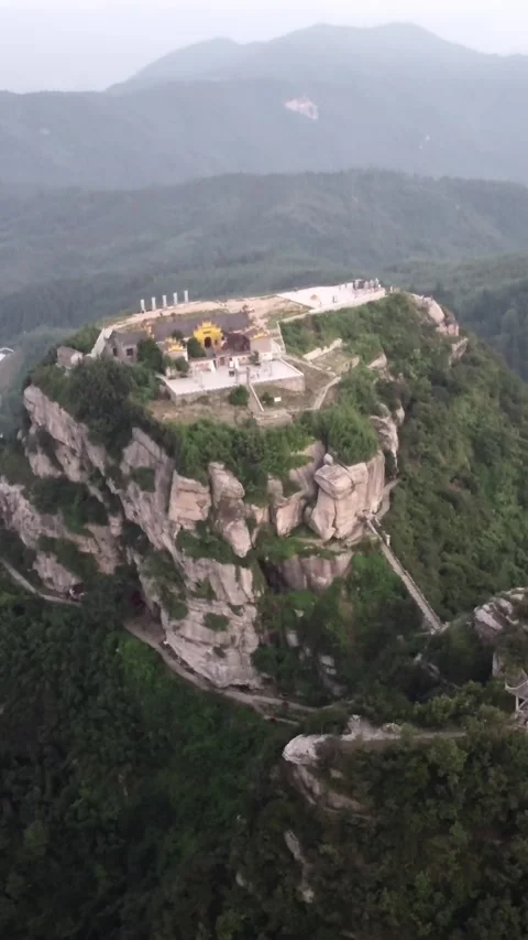 Vertical Chinese Temple Mountain Peak Aerial Drone Architecture Stock Footage 327678536