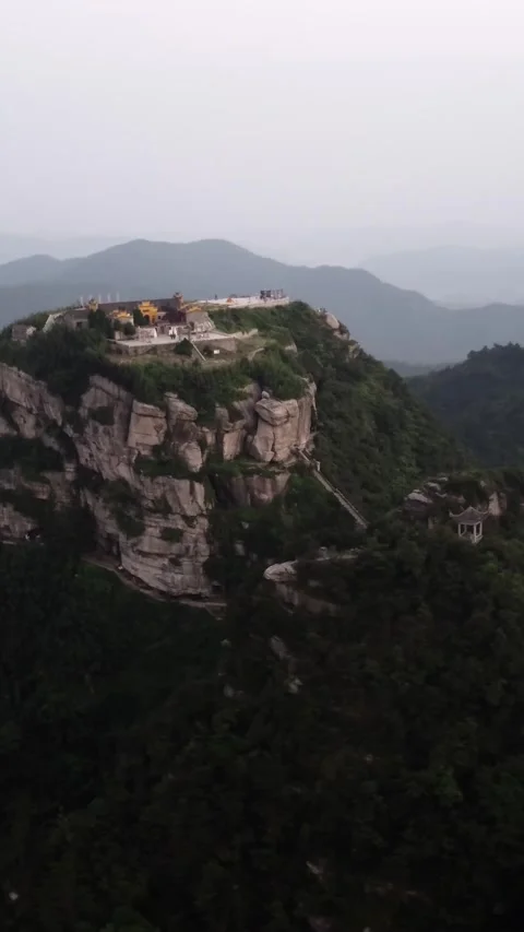 Vertical Chinese Temple Mountain Peak Aerial Drone Architecture Stock Footage 327678549