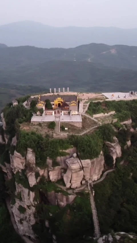 Vertical Chinese Temple Mountain Peak Aerial Drone Architecture Stock Footage 327678572