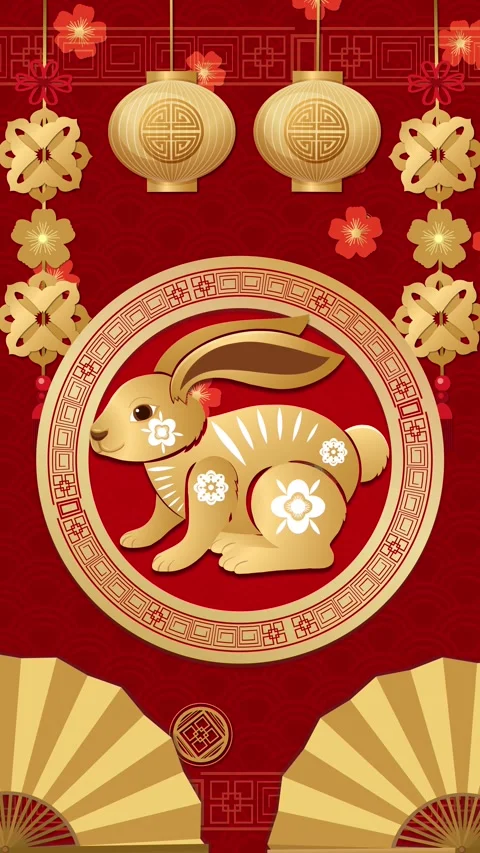 Vertical Chinese Zodiac Year of the Rabbit Animation with Golden Decorations Stock Footage 330211426