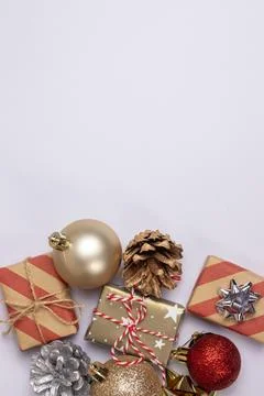Vertical christmas background with copy space on white, gift boxes, red and Stock Photos