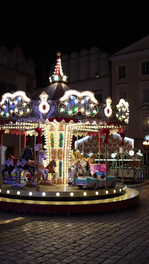 Vertical christmas carousel at night Stock Footage 325073680