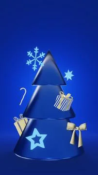 Vertical Christmas New Year tree snowflake star ribbon gift box gold blue metal Stock Illustration