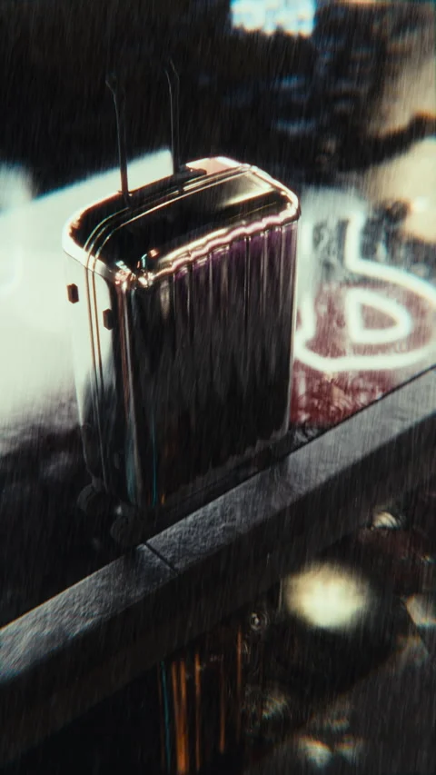 Vertical Chrome Suitcase Alone in Rainy City Street at Night Stock Footage 311852505