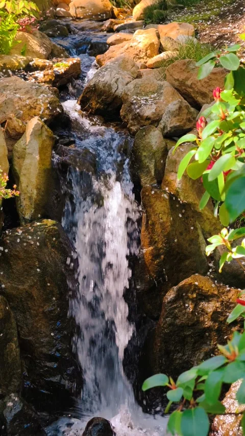 Vertical cinematic 4K B-roll footage slow motion waterfall rocky stream Stock Footage 307431338