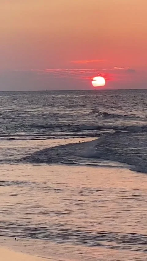Vertical Cinematic Crimson Sunset Over Tropical Beach Ocean Waves Stock Footage 335180686