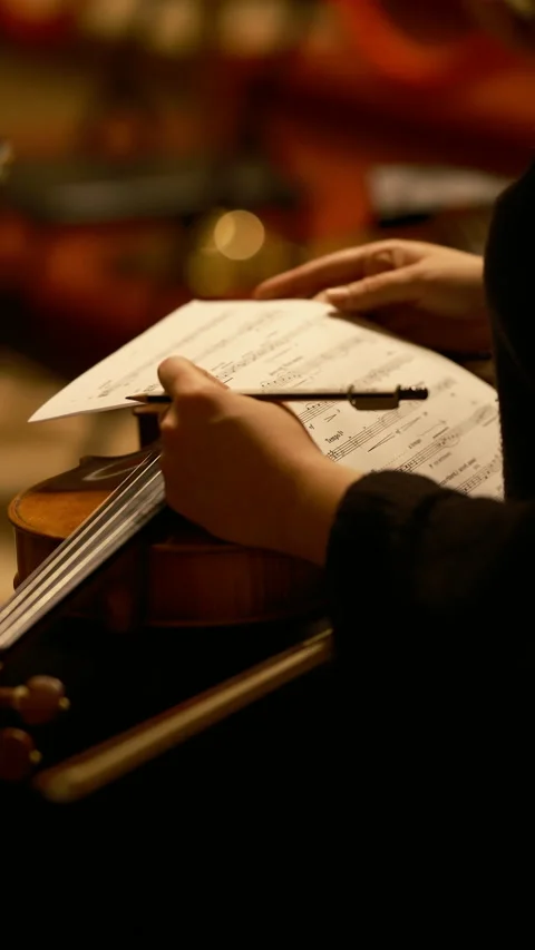 Vertical cinematic, hands holding sheet music with violin bow at a concert Stock-Footage 323133739