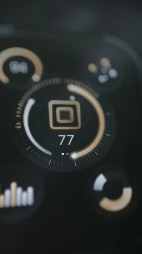 Vertical cinematic smartphone interface centers a graphics processor icon Video stock 342488353