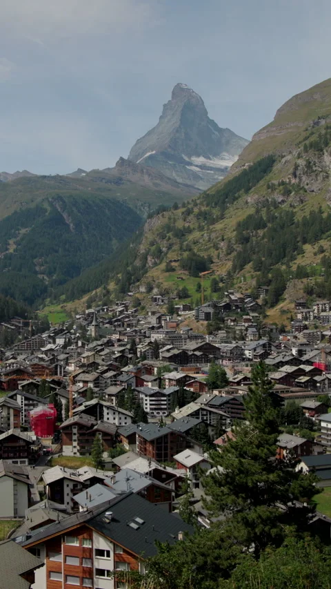 Vertical cinematic view of the Matterhorn above Zermatt in the heart of the Stock Footage 341863609