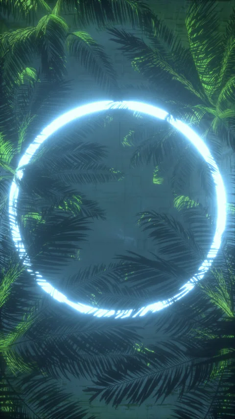 Vertical Circle Neon Frame Surrounded By Palm Leaves 스톡 동영상 304979027