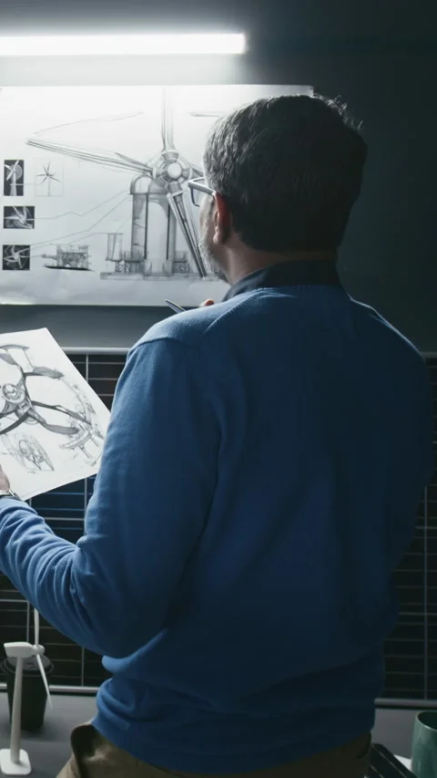 Vertical of Clean Energy Engineer Developing Wind Turbine Blueprint in Office Stockbeeldmateriaal 307993916