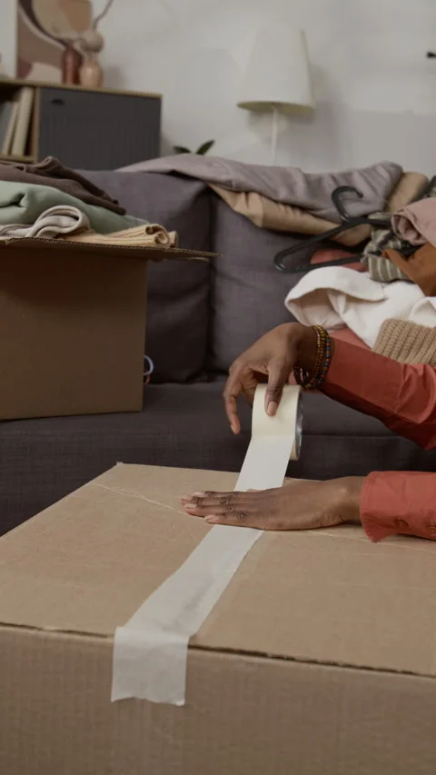 Vertical Close-Up of Anonymous Girl Using Packing Tape to Seal Cardboard Box Stock Footage 335159911