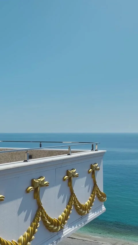 Vertical close up of balcony edge with sky and sea in background Video stock 341785442