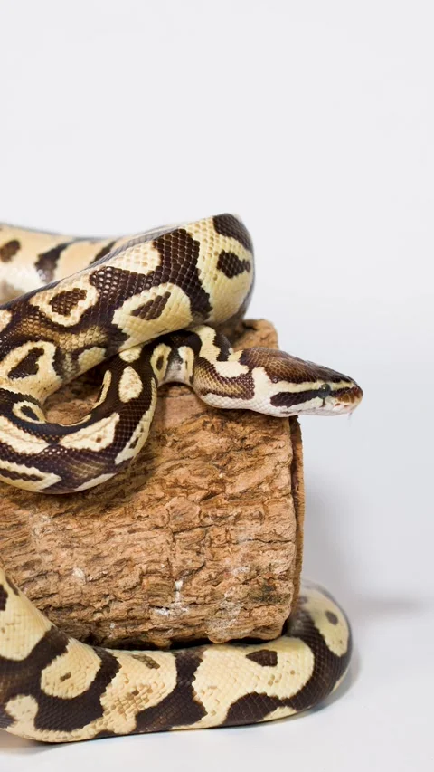 Vertical Close Up of Ball Python Coiled on Wooden Log Stock Footage 326847457