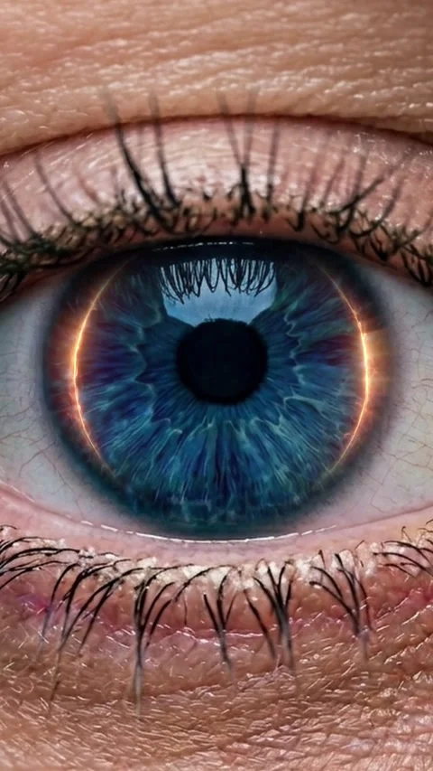 Vertical close up of blue eye with glowing fire tech ring overlay Stock Footage 337606991