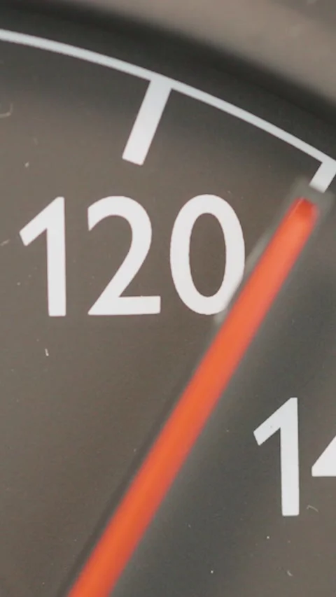 Vertical close up of car speedometer needle at 130 kmh speed limit Stock Footage 338161237