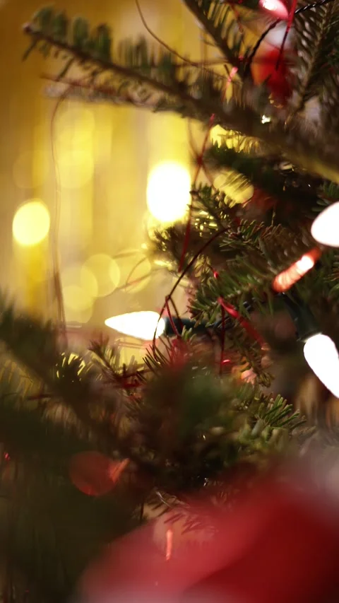 A Vertical Close Up Of A Christmas Tree With Lights And Golden Bokeh Stock Footage 313704077