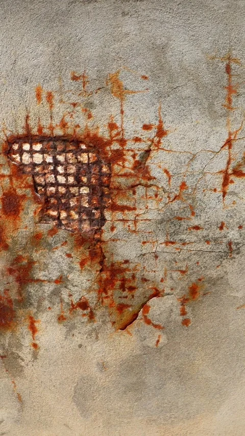 Vertical close-up of corroded wall render with exposed metal mesh and orange Stock Footage 333654380