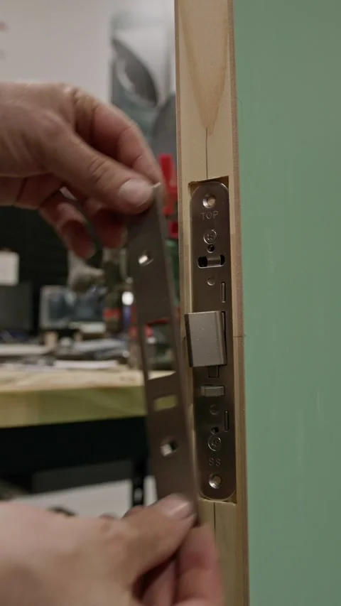 Vertical close-up of a craftsman carefully positioning and installing a metal Stock Footage 333932998