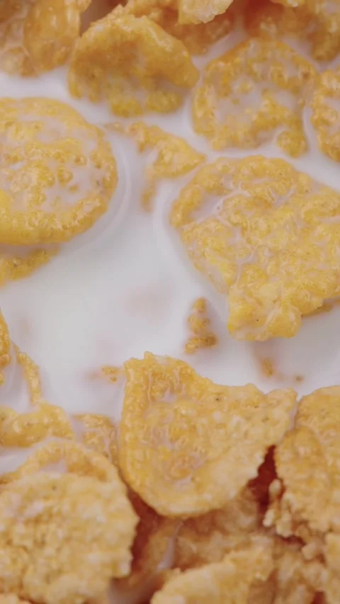 Vertical close-up of crispy cornflakes with milk in a bowl. Breakfast concept Stock Footage 318466333